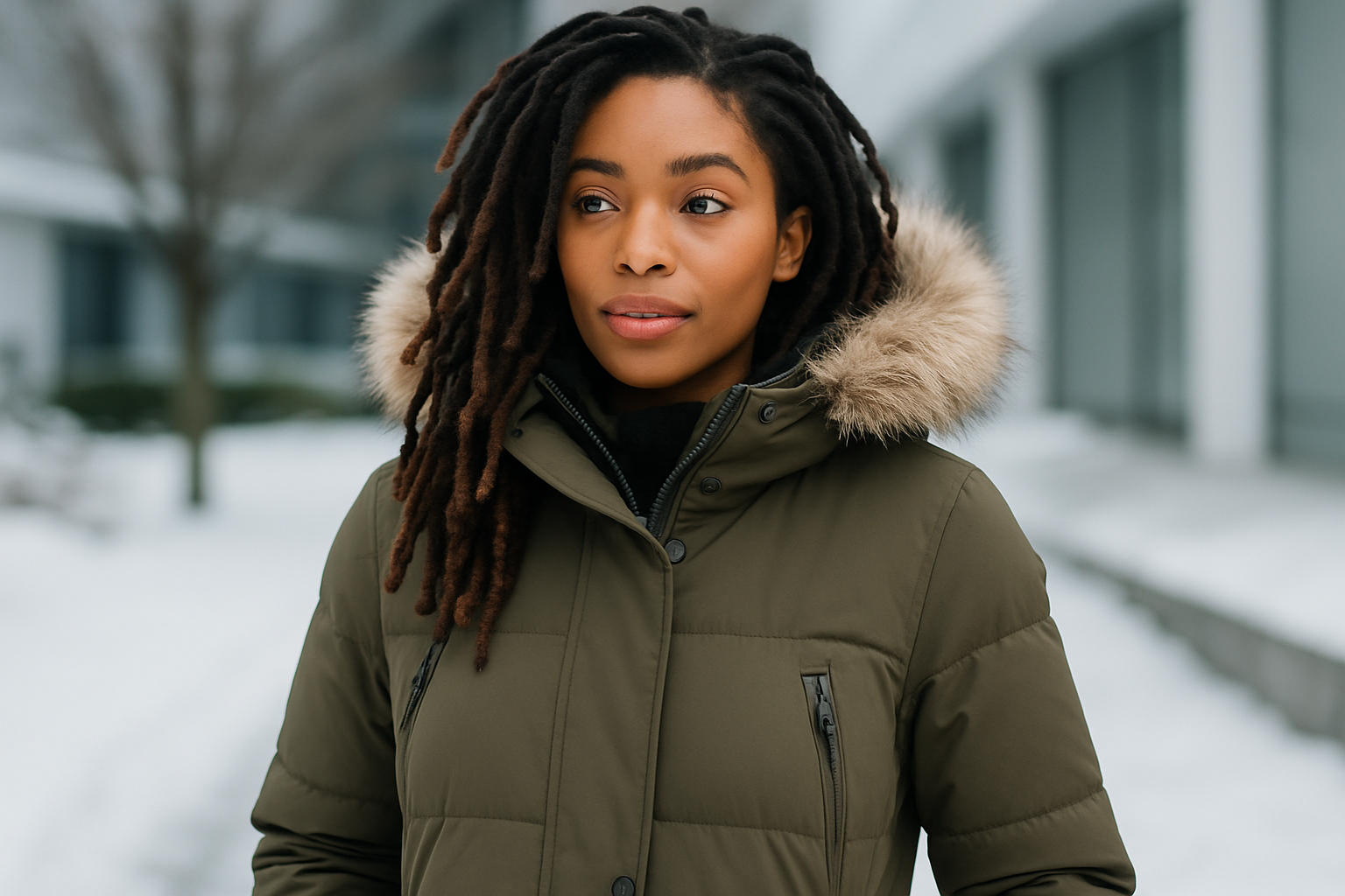 Veste d'hiver porté par une femme noir métisse qui à des dread locks