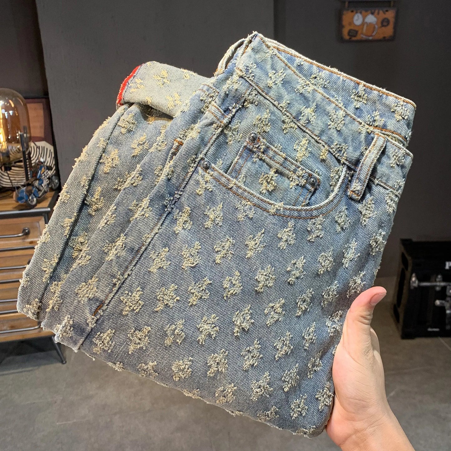 Jean jacquard noir américain pour homme, déchiré, délavé, coupe ample, décontracté