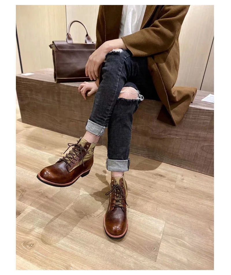 Bottes marron neuves pour hommes, bottes courtes noires faites à la main pour hommes, bottines à bout rond, bottines de moto, bottes de combat