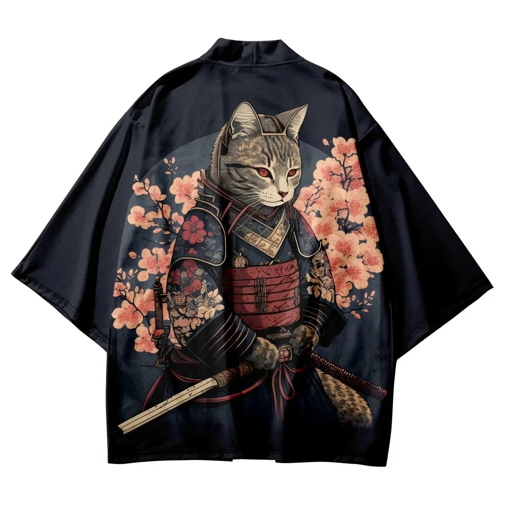 Kimono Japonais Sakura Chat Samouraï Imprimé Pour Hommes Femmes, Haori Cardiganc