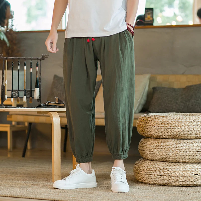 Pantalons en coton et chanvre pour hommes, taille M à 5XL, printemps et automne 2025, nouveaux pantalons lanternes amples à cordon de serrage, pantalons Haren, pantalons décontractés japonais