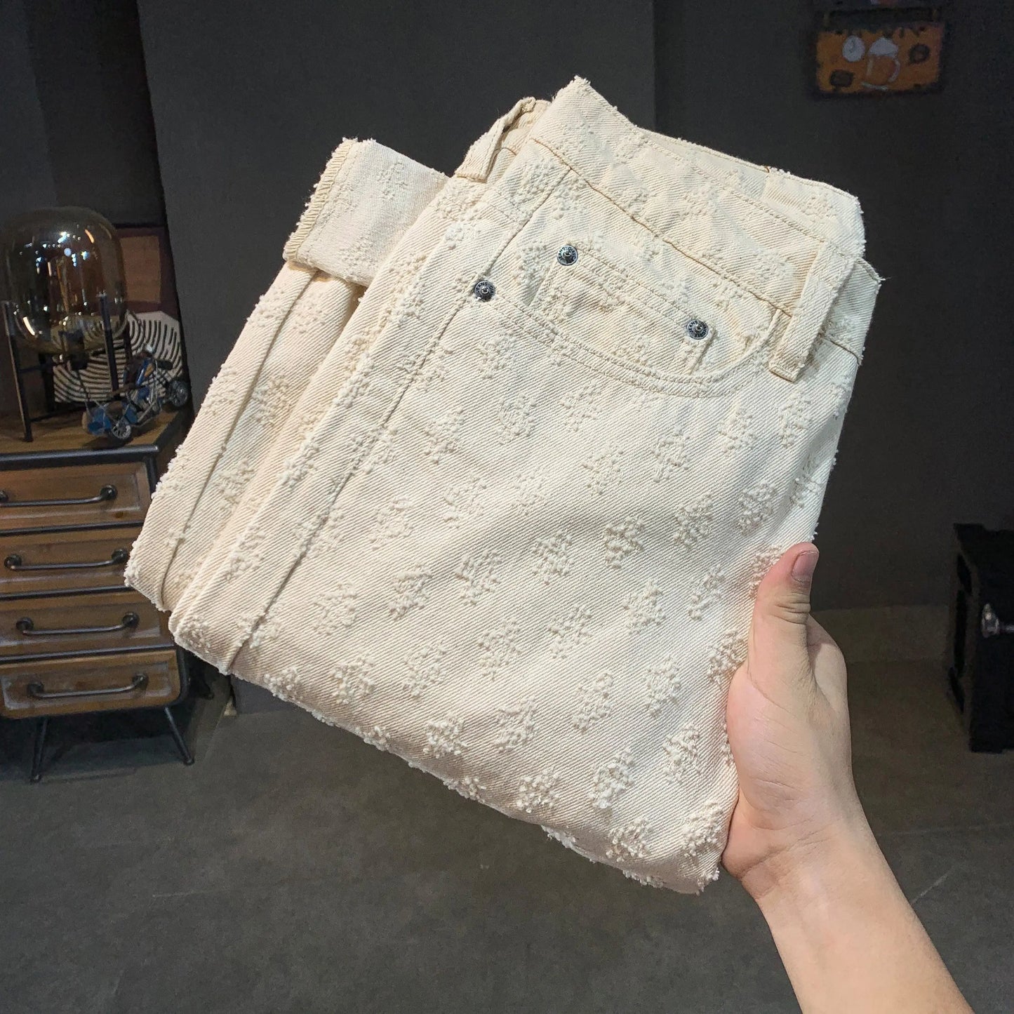 Jean jacquard noir américain pour homme, déchiré, délavé, coupe ample, décontracté