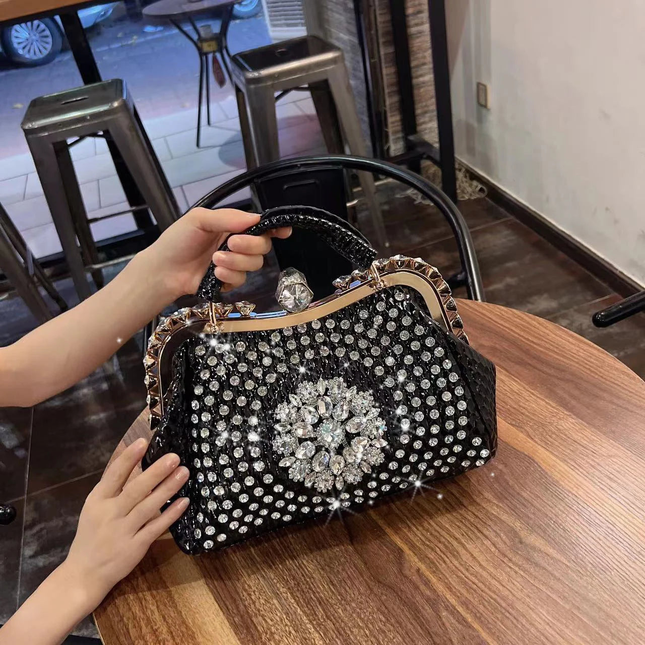 New Rhinestones Top-handle Bags For Women PU Leather Luxury Handbags Women Frame Designer Ladies Crossbody Bag Sac A Main