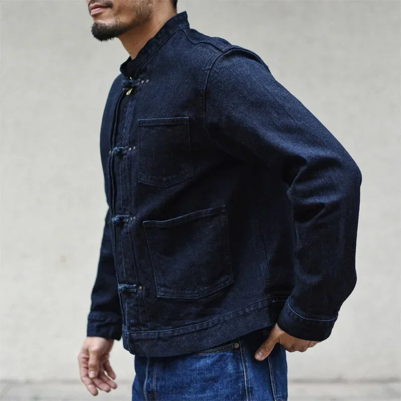 Sauce Zhan Mans Jacket Indigo Selvedge Denim Jacket Jean Jacket Men Vintage Chinese Style Knot Button Loose Fit