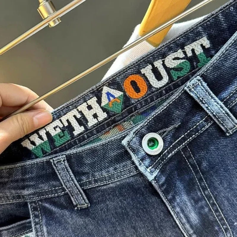 Korean Fashion Summer Jeans New Men's Embroidered Pocket Zipper Washed Streetwear Vintage Casual Elastic Slim Straight Pants