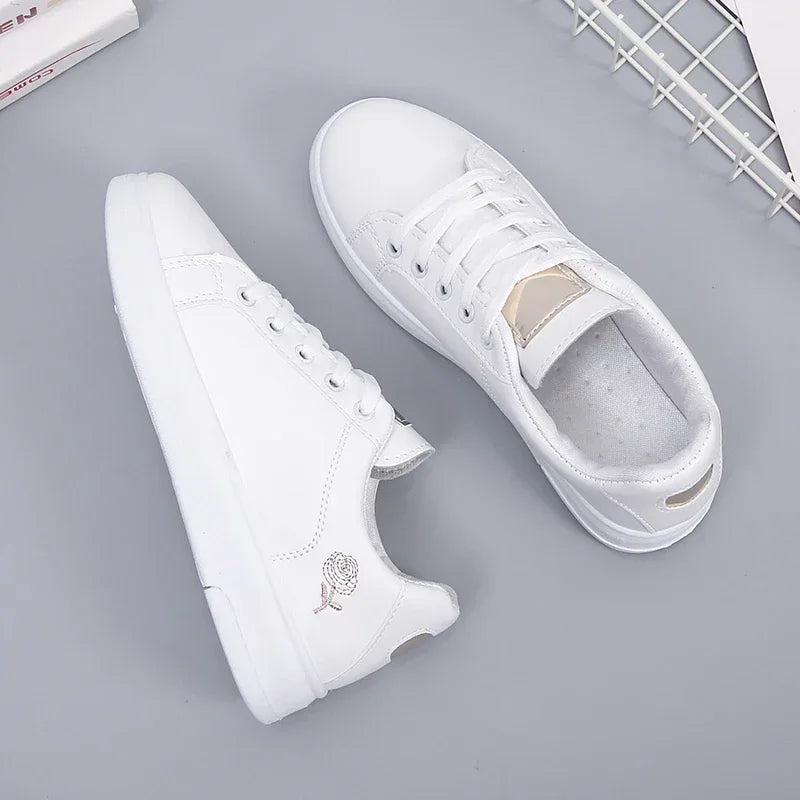Baskets Blanches Brodées en Cuir PU pour Femme, Chaussures décontractées, Respirantes, à Fleurs, à Lacets, Nouvelle Collection