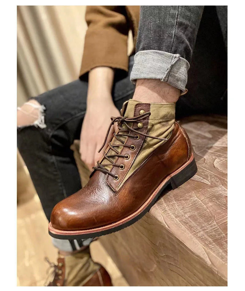 Bottes marron neuves pour hommes, bottes courtes noires faites à la main pour hommes, bottines à bout rond, bottines de moto, bottes de combat