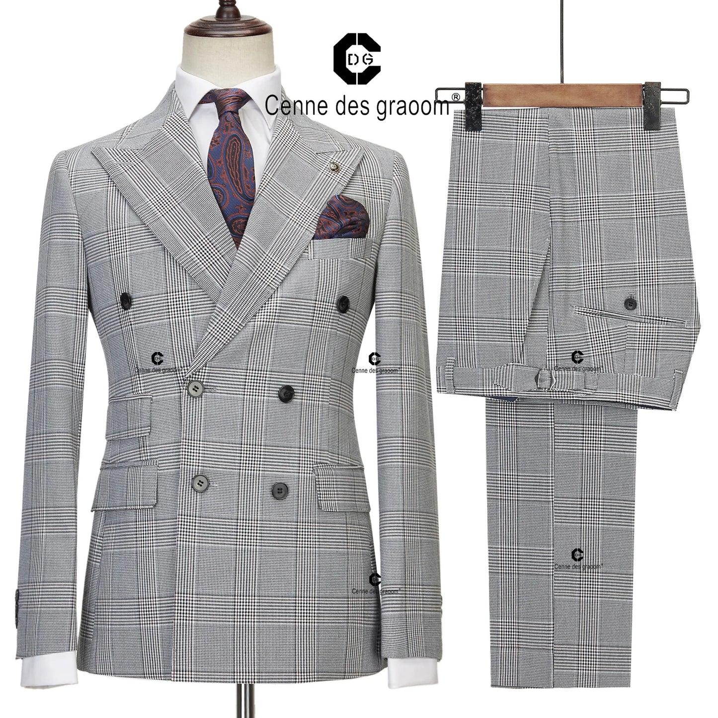 Costume classique pour homme Cenne Des Graoom 2025, ensemble 2 pièces à carreaux, veste croisée vintage, gilet et pantalon, pour bureau, affaires, mariage