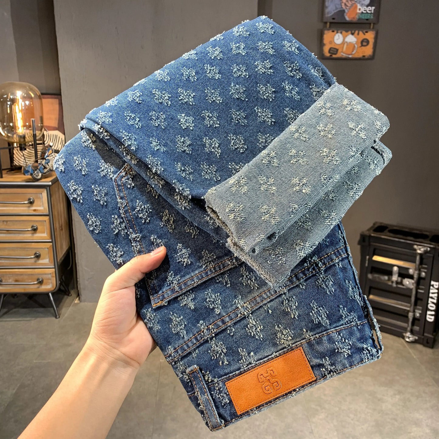 Jean jacquard noir américain pour homme, déchiré, délavé, coupe ample, décontracté