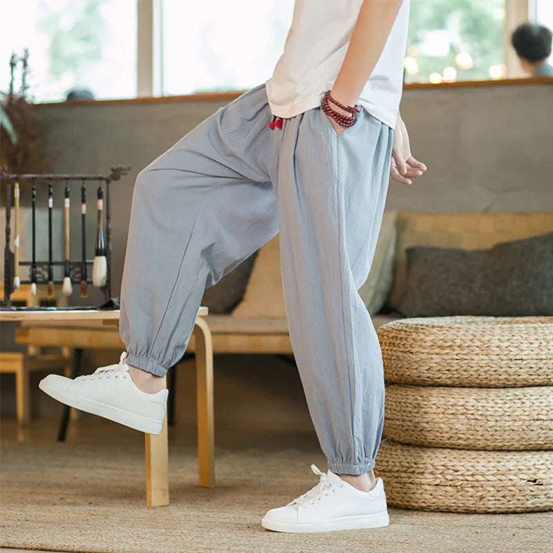 Pantalons en coton et chanvre pour hommes, taille M à 5XL, printemps et automne 2025, nouveaux pantalons lanternes amples à cordon de serrage, pantalons Haren, pantalons décontractés japonais