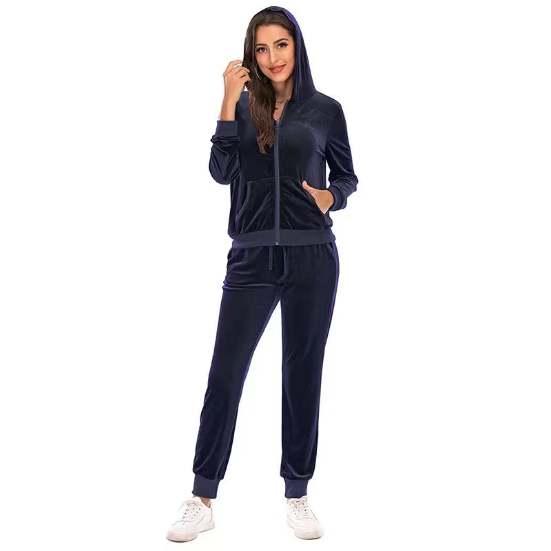 2024 Autumn Velvet Tracksuit Womens 2 Piece Sweatshirt Sweatpants Set Full Zip Hoodie Sweatsuit With Pockets Casual Sportswear