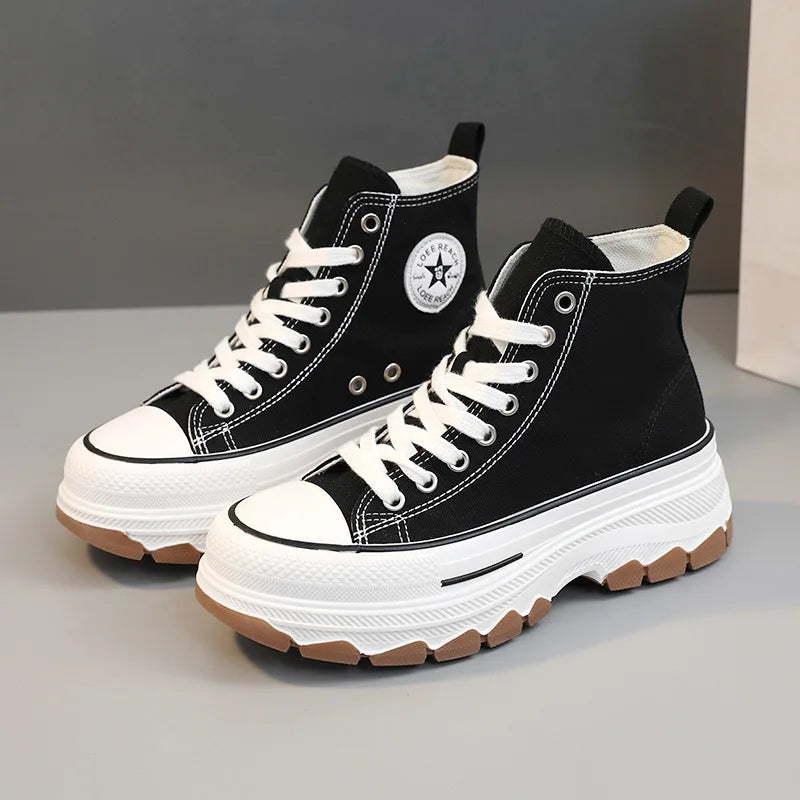 Baskets montantes à lacets pour femmes, chaussures décontractées en toile, antidérapantes, résistantes à l'usure, vulcanisées, printemps-automne 2024
