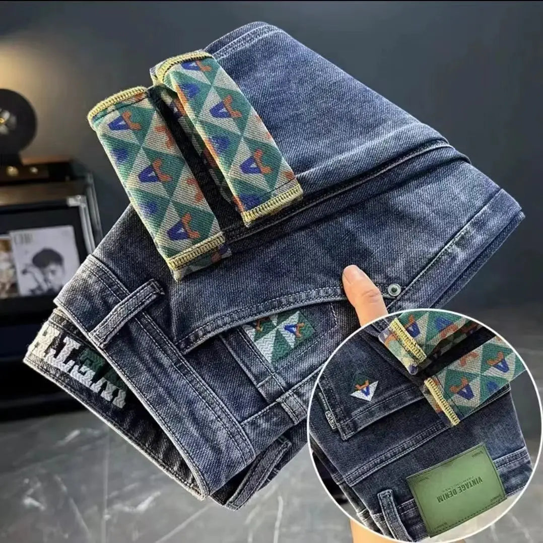 Korean Fashion Summer Jeans New Men's Embroidered Pocket Zipper Washed Streetwear Vintage Casual Elastic Slim Straight Pants
