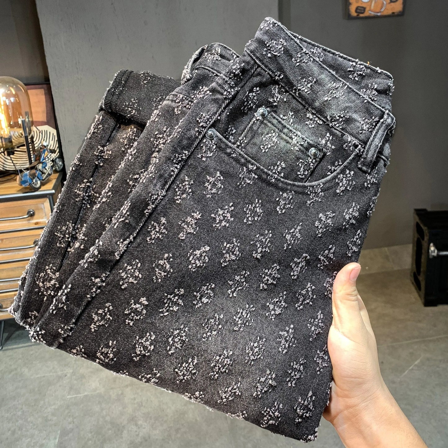 Jean jacquard noir américain pour homme, déchiré, délavé, coupe ample, décontracté