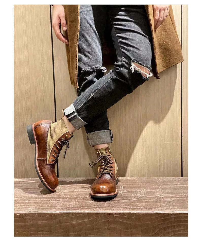 Bottes marron neuves pour hommes, bottes courtes noires faites à la main pour hommes, bottines à bout rond, bottines de moto, bottes de combat