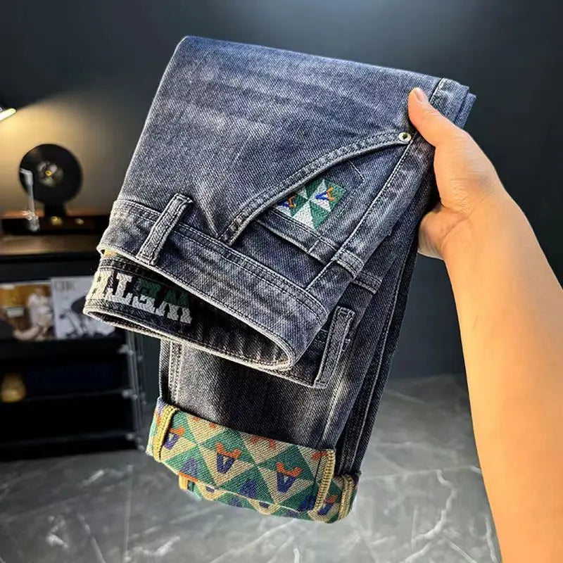 Korean Fashion Summer Jeans New Men's Embroidered Pocket Zipper Washed Streetwear Vintage Casual Elastic Slim Straight Pants