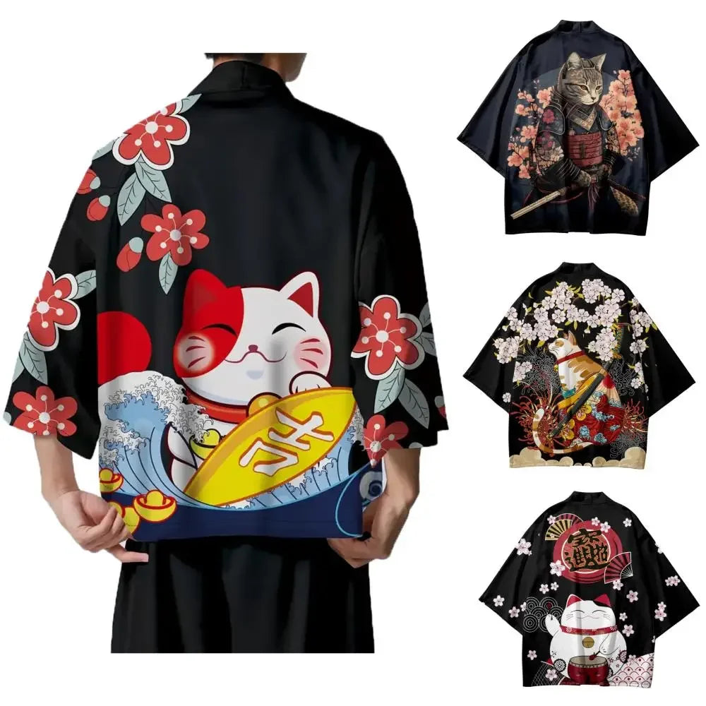 Kimono Japonais Sakura Chat Samouraï Imprimé Pour Hommes Femmes, Haori Cardiganc