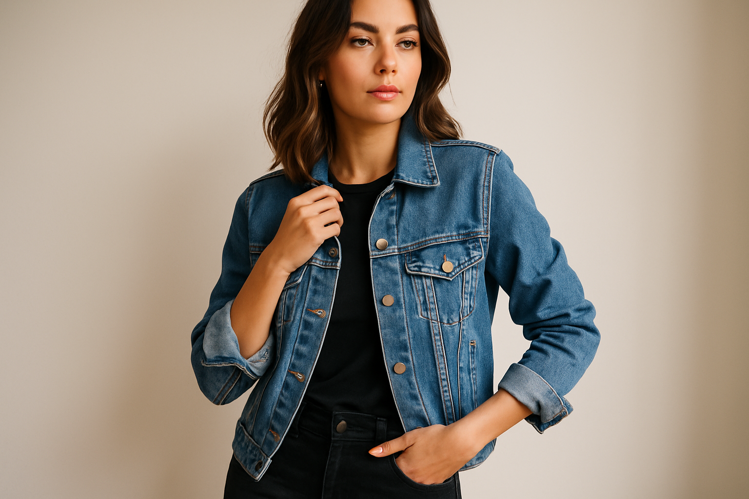 Une femme qui porte une veste en jean 